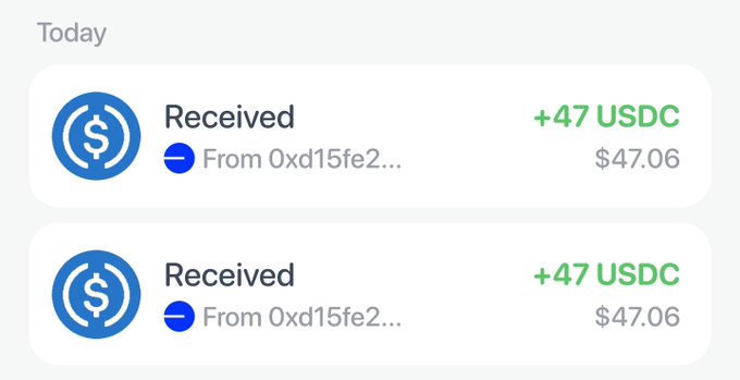 A cryptocurrency wallet transaction history showing two incoming payments of +47 USDC ($47.06 each) received today from the address 0xd15fe2..., likely representing a stimulus payment sent via the blockchain, which the user humorously refers to as "stimmies" for feeding their cows and chickens.