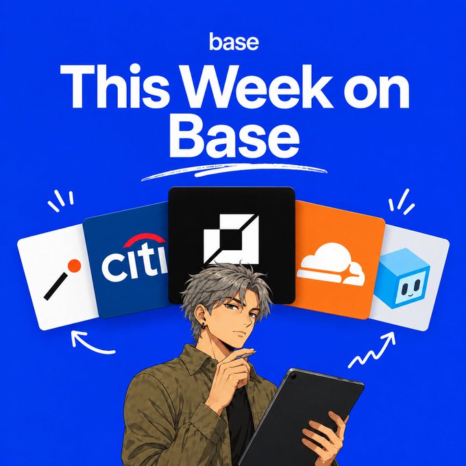 A blue promotional graphic titled 'This Week on Base' features an anime-style man with a tablet alongside app icons including Citi.