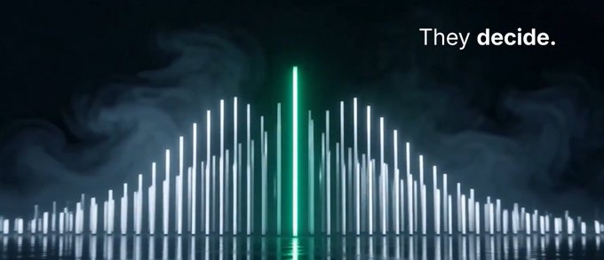 A dark, atmospheric image displays a row of glowing vertical light bars resembling an audio equalizer or data visualization, with one prominent bar highlighted in bright green among the white bars. The text "They **decide**." appears in the upper right corner.

The caption could read: "A glowing equalizer-style visualization with one bright green bar standing out among white bars, alongside the text 'They decide.'—evoking how Agentics Credit's ACS mechanism shifts focus from credit score numbers to the underlying process and transmission that determines them."