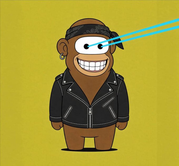 A cartoon illustration of a brown, one-eyed character wearing a black bandana, a leather jacket, and an earring, smiling broadly with a bright blue laser beam shooting from its eye against a yellow background.