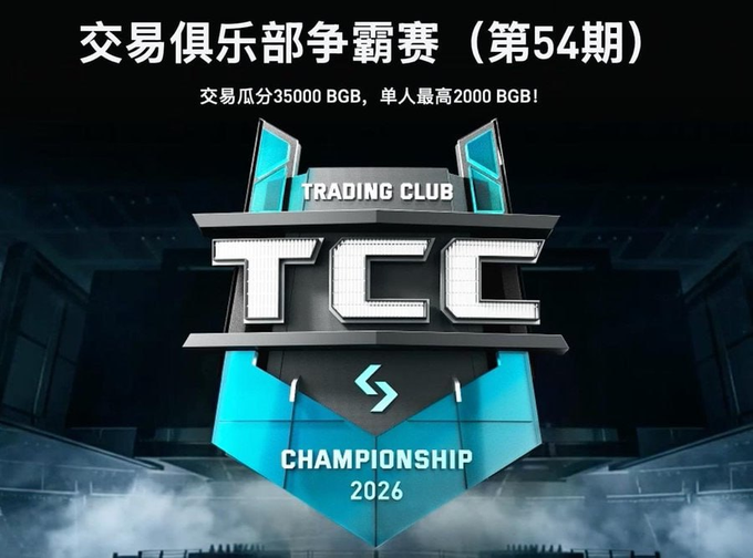 A promotional graphic for the "Trading Club Championship 2026" (TCC) banner with Chinese text reading "交易俱乐部争霸赛（第54期）" (Trading Club Championship - 54th Edition), offering a 35,000 BGB prize pool with up to 2,000 BGB per individual winner, relating to the accompanying post about the August 4 deadline to qualify with 20,000 USD in BTC, ETH, or XAUT purchases.