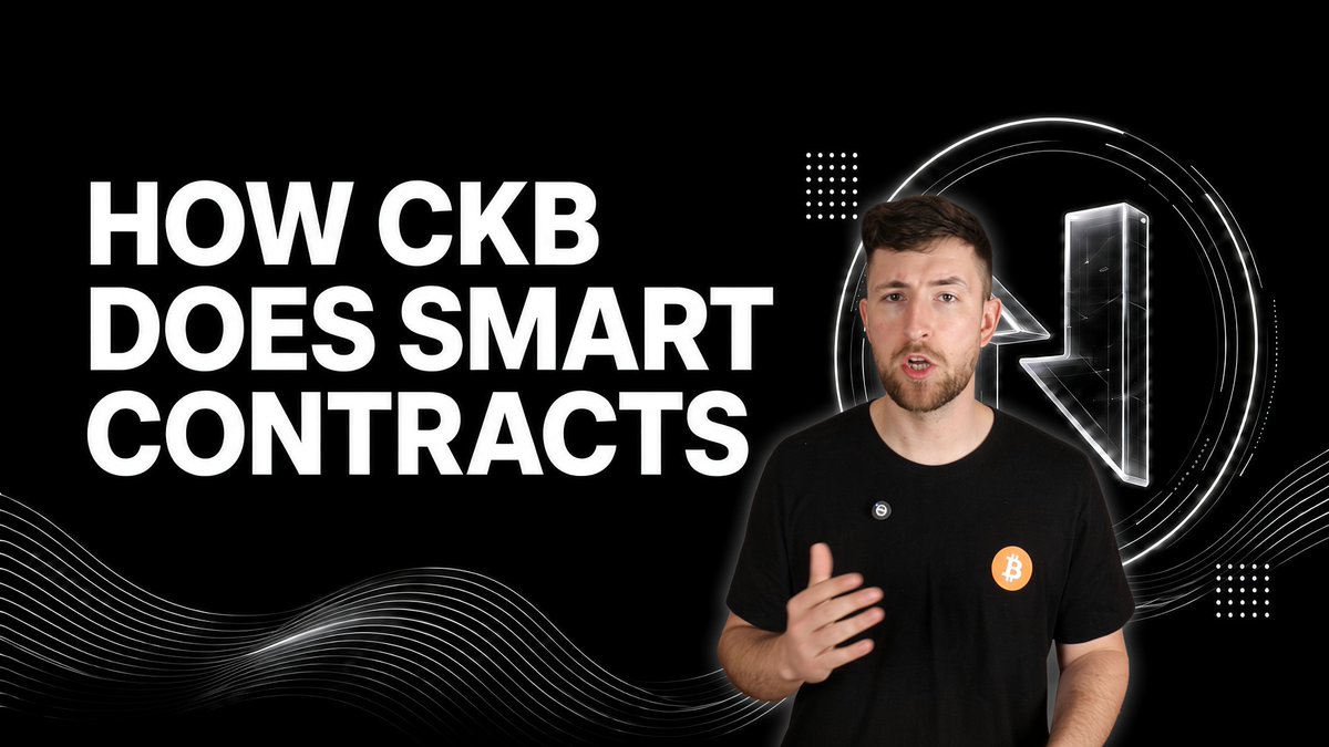 A bearded man wearing a black Bitcoin t-shirt gestures while speaking, positioned next to large white text reading "HOW CKB DOES SMART CONTRACTS" against a black background featuring a stylized lightning bolt graphic, visually introducing his explanation of how the CKB blockchain uses Cells for smart contracts.