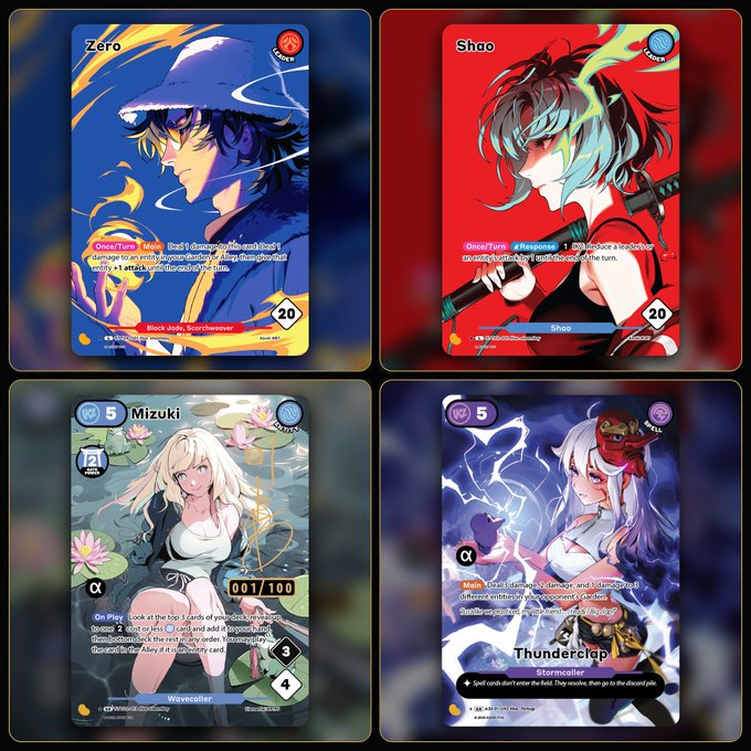 The image shows four different cards from a deck of playing cards, each featuring a unique character or design. The cards are arranged in a square formation with two rows and two columns. The first card has a blue background and depicts a woman wearing a white dress holding a sword. The second card features a red background with a man holding a sword as well. The third card is black with a woman holding a sword, and the fourth card is white with a woman holding a sword. These cards are part of a collection called "WTT Azuki TCG presale cases for multiple cards," which suggests that they are available for purchase or can be used to create custom decks.