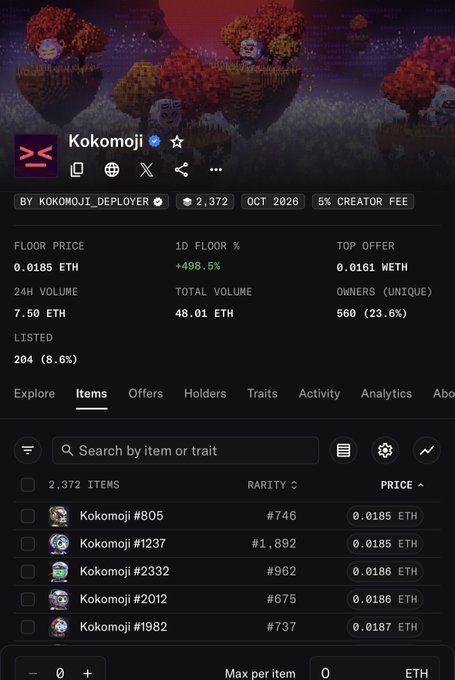 A screenshot of an NFT marketplace listing for 'Kokomoji' by Kokomoji Deployer, showing stats like 2,372 items, a 0.0185 ETH floor price (+498.5%), and various Kokomoji #805, #1237, #2332, #2012, and #1982 listed at 0.0185-0.0187 ETH.
