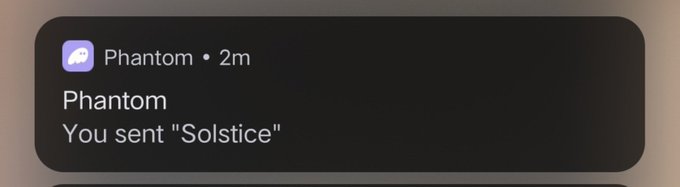 A Phantom wallet notification reads "Phantom: You sent 'Solstice'" displayed 2 minutes ago. The image appears to document a cryptocurrency transaction likely related to the user's post about booking profits and seeking recommendations for which perpetual decentralized exchange (perp dex) to start farming next.