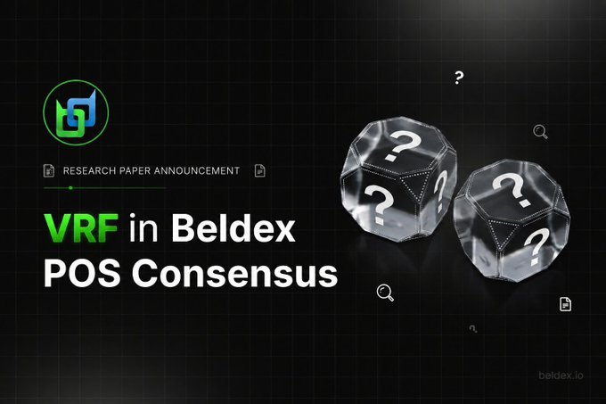 A research paper announcement graphic titled 'VRF in Beldex POS Consensus' featuring two transparent dice with question marks on their faces and the Beldex logo.