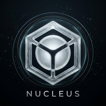 Futuristic metallic 3D cube logo with the text 'NUCLEUS' displayed on a dark starry background.