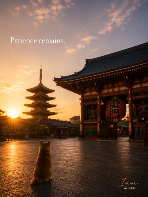 A digital artwork showing a cat sitting on stone pavement facing a pagoda and temple gate at sunset, with the text 'Patience remains.' and signed 'Ian AI LAB'.