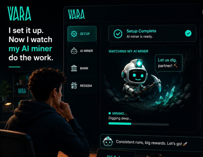 A person watches their VARA AI miner in action as "Digger" the robot reports "Let us dig, partner" with a "Mining... Digging deep..." progress bar visible on screen. The interface shows "Setup Complete," with navigation options for "AI Miner," "Bank," and "Redeem," alongside the tagline "Consistent runs, big rewards. Let's go!"—illustrating the post's firsthand experience testing the Robo Miner on the Vara Network.