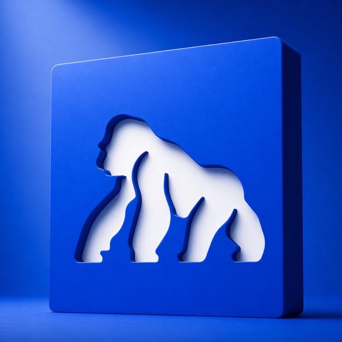 A bold white gorilla silhouette is carved into a deep blue square block, visually echoing the post's "APE in a square" motif. The clean, block-like design with light peeking through the cutout reinforces the "brick by brick" and "APE strong" imagery from the accompanying caption.