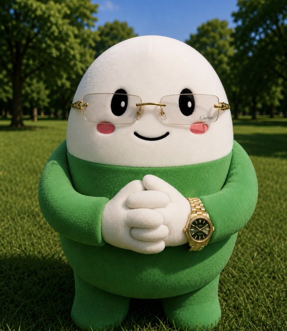 A plush mascot figure with an egg-shaped white head, rosy cheeks, and a green outfit stands on grass wearing rimless Cartier glasses and a gold Rolex watch, hands clasped together. The image ties to the post's theme of "$Cupsey" being a long-term project, using the polished, accessorized character as a playful symbol of a well-prepared, enduring venture.