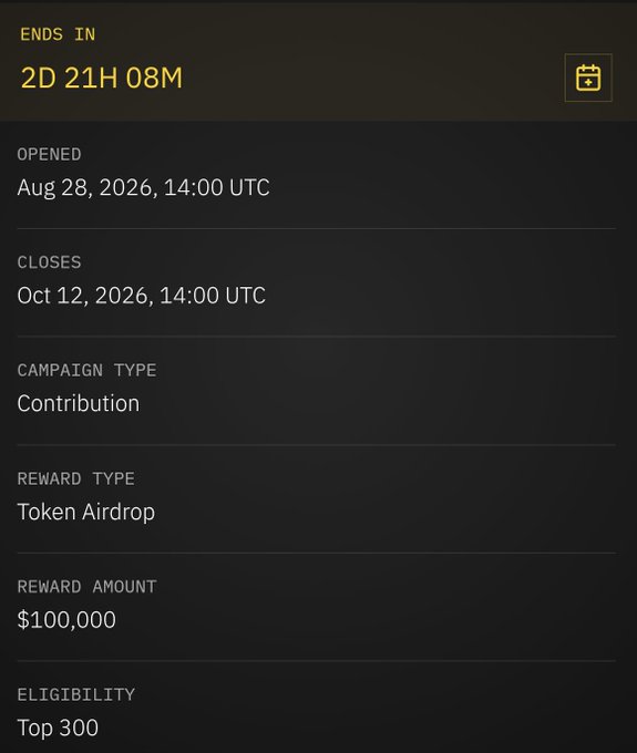 A dark-themed information panel showing a countdown of "2D 21H 08M," indicating a campaign that opened on "Aug 28, 2026" and closes on "Oct 12, 2026," with a "Token Airdrop" reward of "$100,000" for the "Top 300."