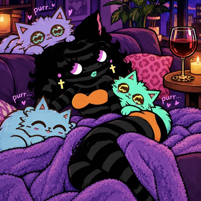 A colorful illustration of a gothic woman with long black hair, purple eyes, and an orange top relaxing on a purple blanket while being surrounded by three purring cats in shades of purple, blue, and teal.