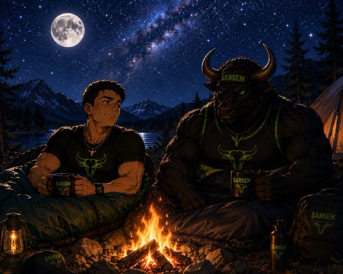 Digital artwork showing a young man and a bull-headed figure wearing 'SANSEM' branded apparel sitting by a campfire under a starry night sky with a full moon, holding branded mugs.