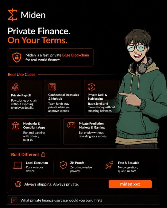 The image features an advertisement for a platform called "gMiden Builders" which allows users to build their own blockchain-based finance applications without revealing sensitive information or compromising privacy. The poster includes a cartoon depiction of a person wearing glasses, pointing towards the text that reads "Private Finance. On Your Terms." This suggests that the platform is designed for individuals who want to manage their finances privately and securely using blockchain technology.