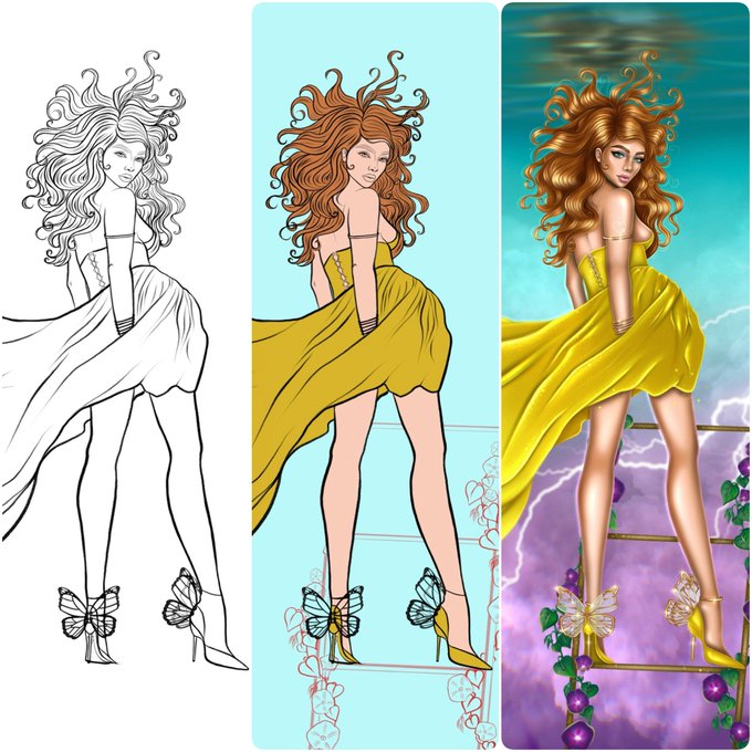 A triptych showing the artistic progression of a digital illustration featuring a flowing-haired woman in a yellow dress with butterfly-adorned heels, evolving from line art to flat colors to a fully rendered scene with a stormy, ethereal background—visually echoing the post's poetic description of a muse as air, sun, and thunderstorm.