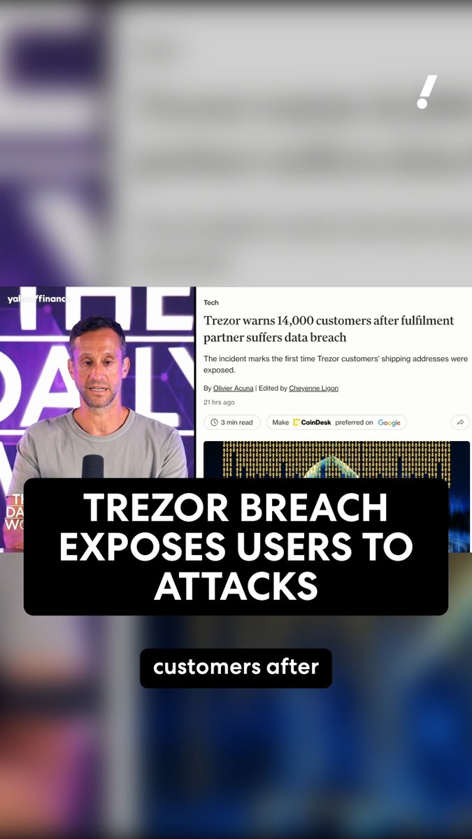 Scott Melker discusses a Trezor data breach that exposed shipping addresses of over 14,000 customers, as highlighted by a CoinDesk article headline warning users of potential attacks following a fulfillment partner security incident.