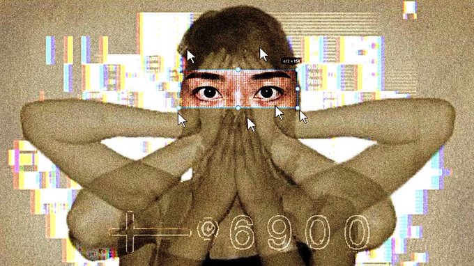 A sepia-toned, glitch-effect artistic image of a person with their hands over their mouth, with digital cursor icons and the text '+—@6900' overlaid.