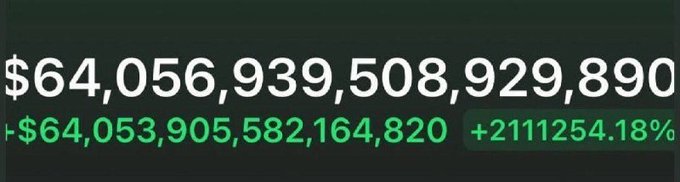 A dark screen displaying large numbers showing a balance of $64,056,939,508,929,890 with a +2111254.18% change.