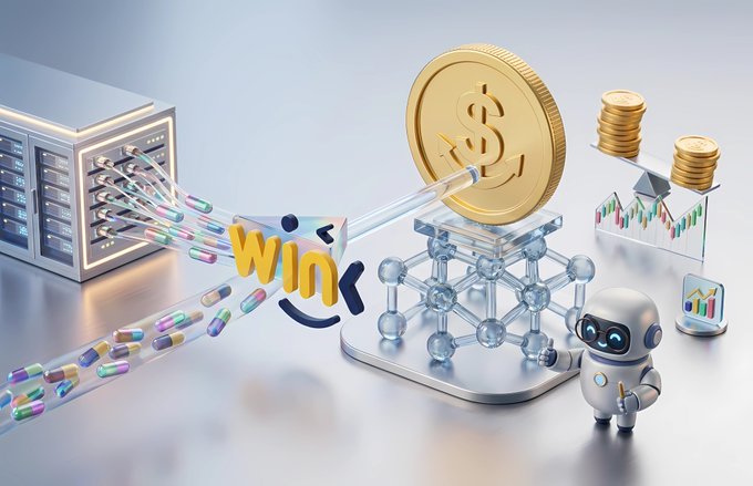 A 3D digital illustration featuring a 'WIN' capsule, server racks with cables, a gold dollar coin, balance scales, stock charts, and a small white robot.
