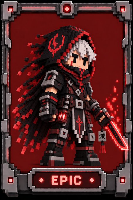 A voxel-style 3D character card depicting a dark, hooded warrior in red and black armor holding a glowing red sword, labeled 'EPIC' rarity.