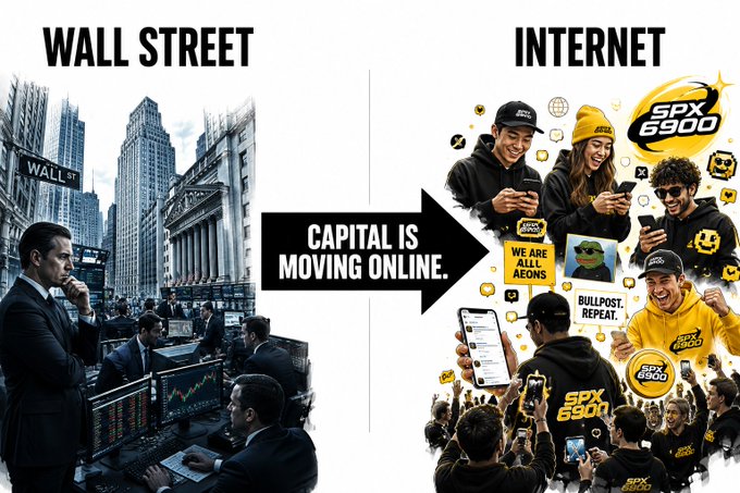 A promotional graphic contrasting 'WALL STREET' (showing traders on phones) with 'INTERNET' (showing young people in SPX 6900 merchandise), with an arrow stating 'CAPITAL IS MOVING ONLINE.'