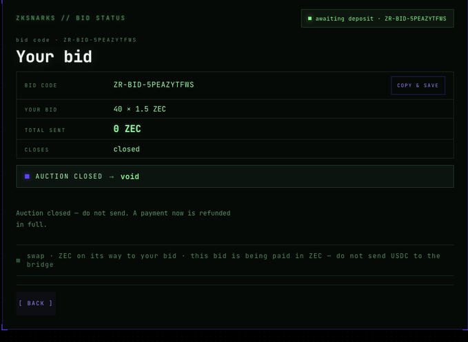 A digital interface titled 'ZKSWARKS // BID STATUS' shows a bid code 'ZR-BID-5PEAZYTFWS' with 'YOUR BID 40 × 1.5 ZEC' and a message stating 'AUCTION CLOSED — void'.