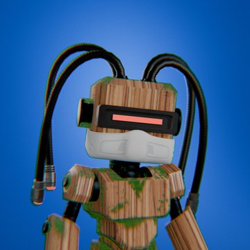 A 3D render of a robotic character designed to look like weathered wood, featuring black tubes and a visor with a red horizontal slit.