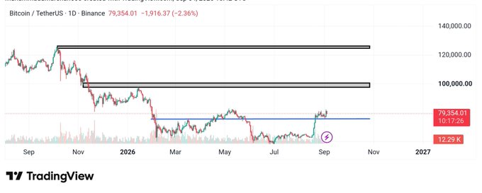 A TradingView chart of Bitcoin/TetherUS (BTC/USDT) on Binance showing a price of 79,354.01, down -1,916.37 (-2.36%), with horizontal black resistance lines drawn around $120,000 and $100,000.