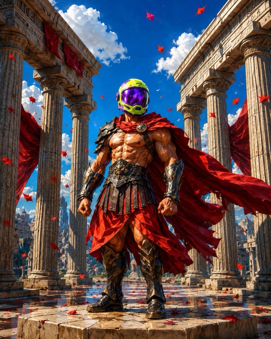 A digital illustration of a muscular gladiator in red cape and Roman armor, wearing a glowing green and purple futuristic helmet, standing among ancient Greek/Roman columns with red leaves falling around him.