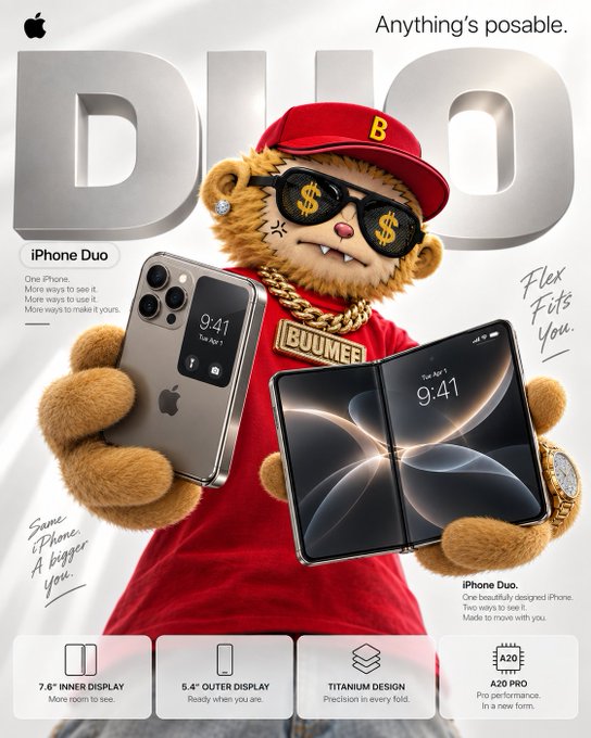 A parody advertisement for an 'iPhone Duo' featuring a bear mascot wearing dollar-sign sunglasses, a red cap, and gold chains, promoting two iPhones.