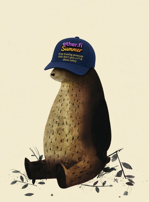 Illustration of a bear wearing a navy blue cap reading 'ether.fi Summer - stop trusting protocols that don't give a f*ck about safety', referencing crypto wallet security concerns.