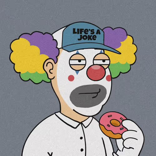 Cartoon illustration of a clown with purple and yellow afro puffs wearing a "Life's A Joke" cap, holding a pink donut, with an open-mouthed, tired expression.