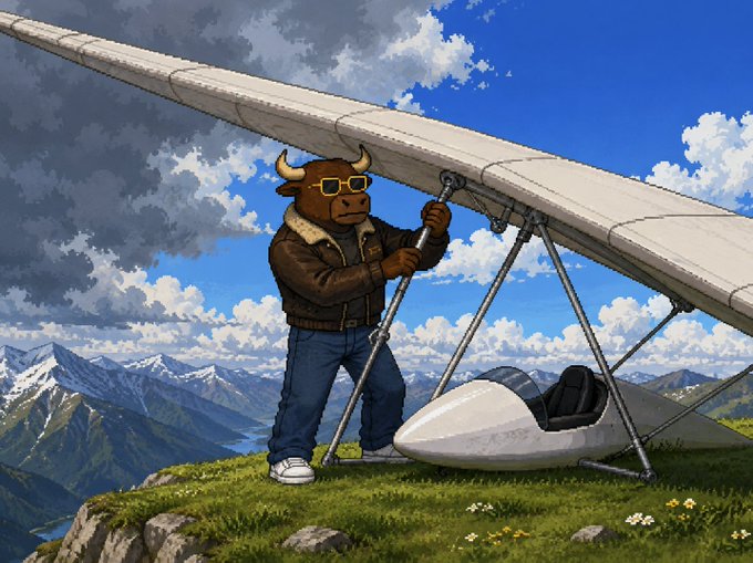 A cartoon bull in sunglasses and a bomber jacket adjusts the wing of a hang glider perched atop a grassy mountain cliff, preparing for takeoff. The image serves as a humorous metaphor for the post's message about a meme token trading strategy hitting its "first red day in 18 days," with the bull ready to "glide" into a reworked strategy if the market stays weak.