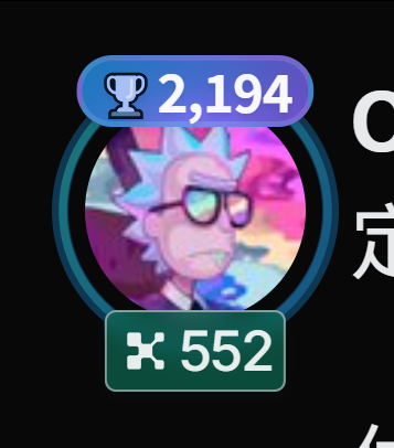 A circular profile badge or game icon featuring Rick Sanchez from Rick and Morty wearing sunglasses, with a trophy count of 2,194 and a puzzle piece count of 552 displayed on blue and green labels.