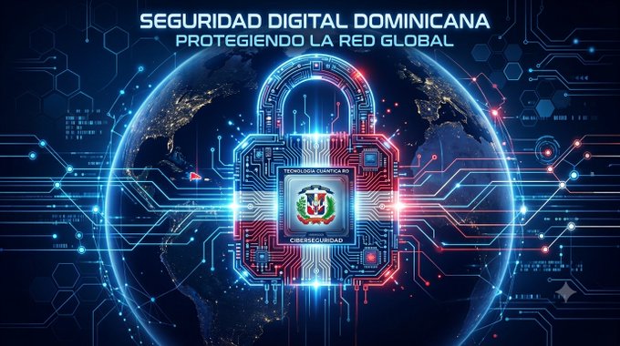 A digital graphic titled "SEGURIDAD DIGITAL DOMINICANA - PROTEGIENDO LA RED GLOBAL" showing a large padlock with circuit board patterns and the Dominican Republic coat of arms, set against a globe backdrop.