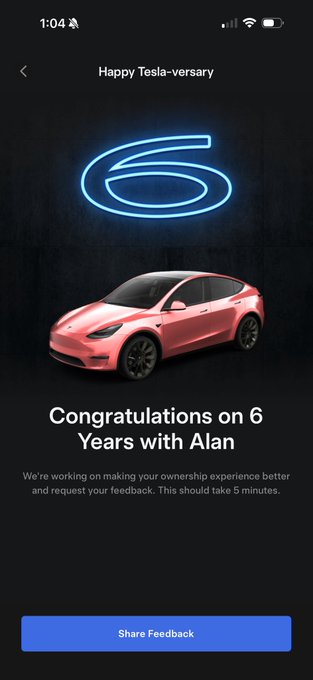 The image shows a Tesla mobile app screen celebrating "6 Years with Alan" alongside a glowing neon "6" and a pink Tesla vehicle, promoting a feedback survey. This ties into the post's reflection on Tesla's six-year journey from simply selling electric cars to launching autonomous robotaxis, suggesting significant evolution in $TSLA's business model.