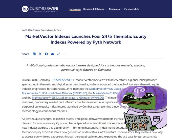 The image focuses on a business news website called Business Wire that provides various types of market-related information, such as news, data, and commentary about the stock market. It shows a headline that reads "MVUAI10 @PythNetworks Collaborates With MarketVector to Launch Four Equity Indexes Focused on Popular Investment Themes". The content of this post includes details about four equity indexes launched by Pyht Network and how they are powered by MarketVector. This information is important for investors, as it helps them stay informed about market trends and make better-informed investment decisions.