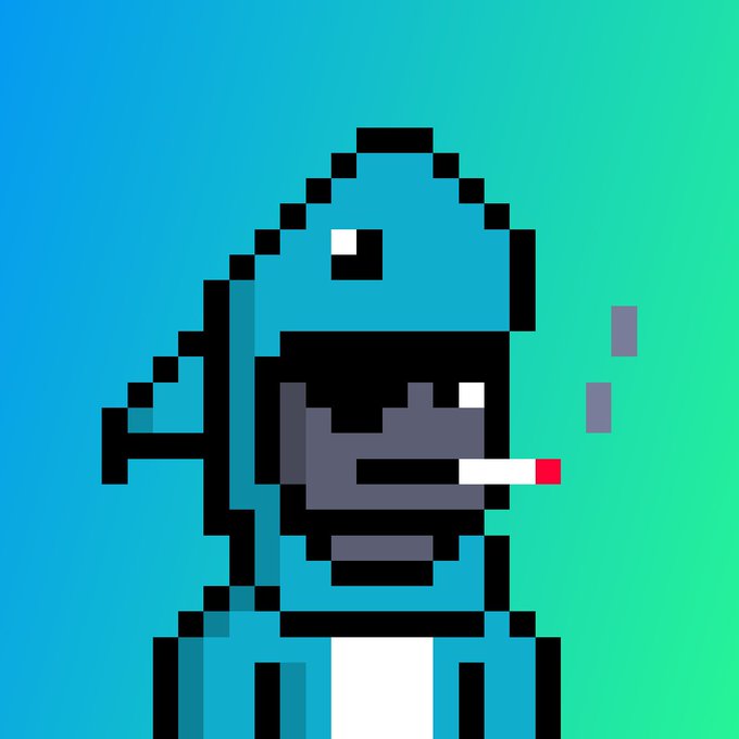 A pixel art character wearing a blue shark-like hood and smoking a cigarette against a blue-to-green gradient background.