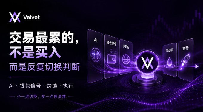 A Velvet Capital promotional banner with a purple futuristic design features the brand's "VV" logo alongside Chinese text reading "交易最累的，不是买入，而是反复切换判断" (The hardest part of trading isn't buying, but constantly switching judgments), highlighting four key features: AI, 钱包信号 (wallet signals), 跨链 (cross-chain), and 执行 (execution). The image visually reinforces the post's message by illustrating the mental fatigue of juggling multiple trading decisions across AI signals, wallet activity, cross-chain transfers, and execution—themes directly echoed by Velvet's feature set.