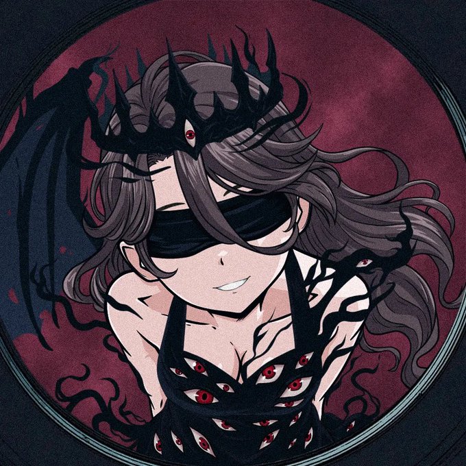A dark anime-style illustration depicts a blindfolded character with a crown and wings, surrounded by dark tendrils with multiple red eyes.