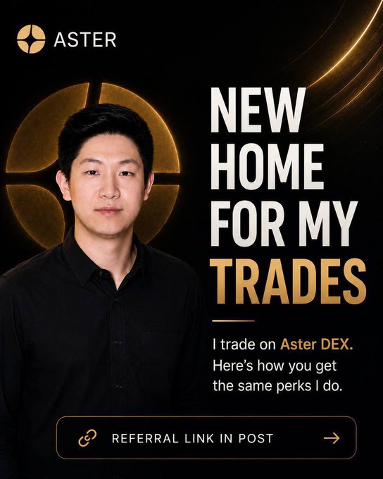 A promotional graphic for **Aster DEX** featuring a man in a black shirt against a dark background with gold accents and the Aster logo. Bold white text reads "**NEW HOME FOR MY TRADES**," with the tagline "I trade on Aster DEX. Here's how you get the same perks I do," and a call-to-action button labeled "**REFERRAL LINK IN POST**."

The image serves as a referral ad for the Aster DEX platform, tying into the post's focus on disciplined trading habits like self-custody and security—positioning Aster as the trustworthy venue where the author practices these principles.