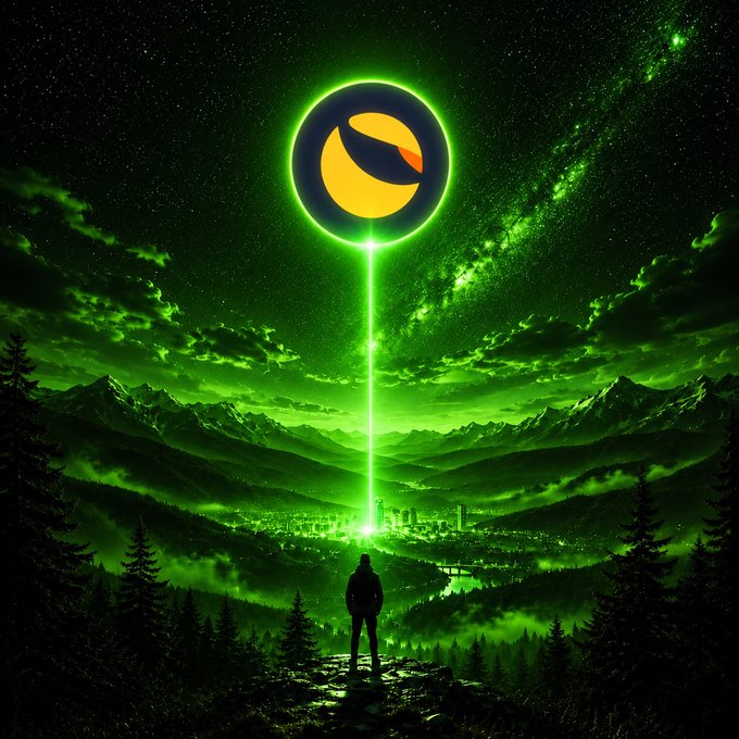 A digital artwork showing a silhouetted figure standing on a cliff overlooking a green-lit valley at night, gazing up at a glowing circular emblem with a yellow crescent symbol emitting a beam of light into the sky.