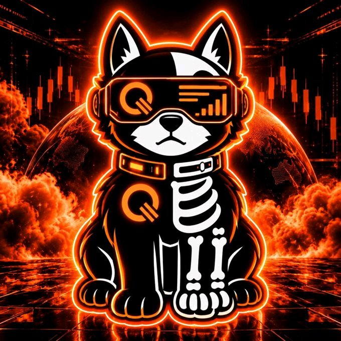 Digital artwork of a robotic black and white dog with glowing orange neon outlines and futuristic goggles, sitting against a dramatic red fiery backdrop.