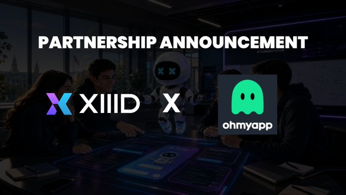 A promotional graphic for a partnership announcement between XIIID and OhMyApp, featuring both companies' logos alongside a "X" symbol, with the bold text "PARTNERSHIP ANNOUNCEMENT" displayed at the top against a dark office backdrop with people working together.

Image to post connection: The image visually represents the collaboration, combining the two brand logos to symbolize the union between XIIID and OhMyApp, while the professional setting with team members reflects the joint effort to enhance mobile applications and user experience mentioned in the post.