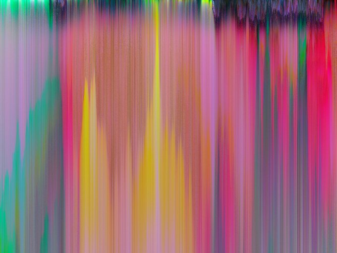 An abstract image with vertical streaks and gradients of pink, yellow, green, purple, and orange colors.