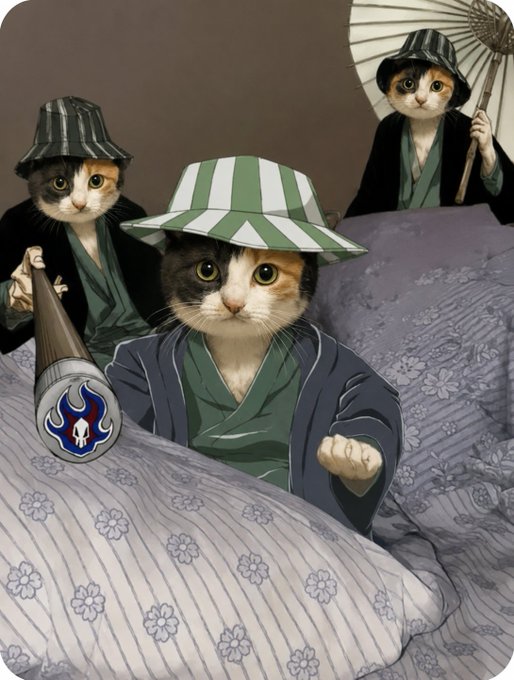 A digital illustration featuring three cats dressed in traditional Japanese attire, with the central cat wearing a green and white striped hat and holding a blue flame-patterned lantern.