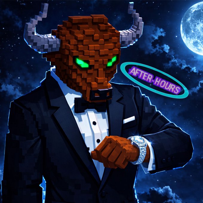 The image features a man dressed as a bull with a suit and tie, standing against a dark blue sky with clouds. The man appears to be wearing a wristwatch, suggesting that he might be attending an event or preparing for one. The caption of the image reads "Metaverse After-HOURS hosted by @decentraland x @AustinDeChene You're not waiting for Saturday you're creating it. Step in. Move the music. Lead the moment". This post is related to the image as it promotes an event or gathering, possibly a virtual party or social gathering, where attendees are encouraged to create their own experiences and interact with others through the Metaverse platform.