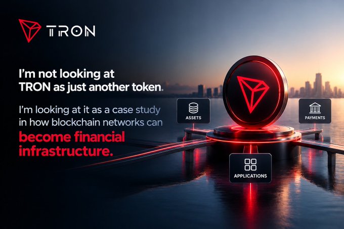 A promotional graphic for 'TRON' blockchain featuring the text 'I'm not looking at TRON as just another token. I'm looking at it as a case study in how blockchain networks can become financial infrastructure.' alongside icons for Assets, Payments, and Applications.