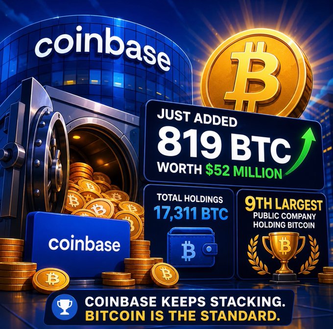 A promotional graphic shows a Coinbase vault overflowing with Bitcoin coins alongside a large golden Bitcoin symbol, highlighting that Coinbase recently added 819 BTC ($52 million) to bring total holdings to 17,311 BTC, ranking as the 9th-largest public company holding Bitcoin. The image visually reinforces the accompanying post's announcement of Coinbase's continued Bitcoin accumulation.